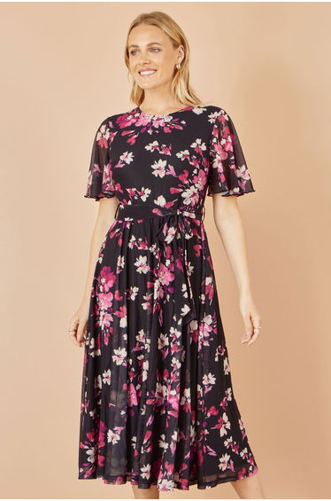 Yumi Black Mesh Skater Floral Midi Dress - Black / 8