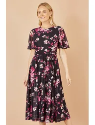 Yumi Black Mesh Skater Floral Midi Dress - Black / 8 - 6