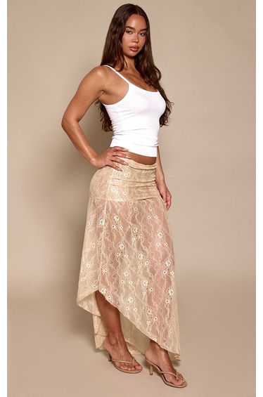 Nude Lace Drop Waist Split Maxi Skirt