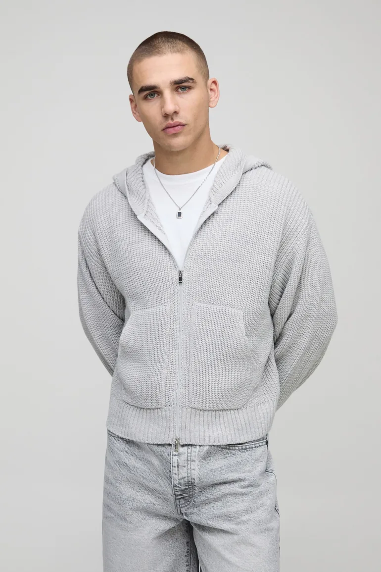 Boxy Fit Ribbed Zip Thru Knitted Hoodie