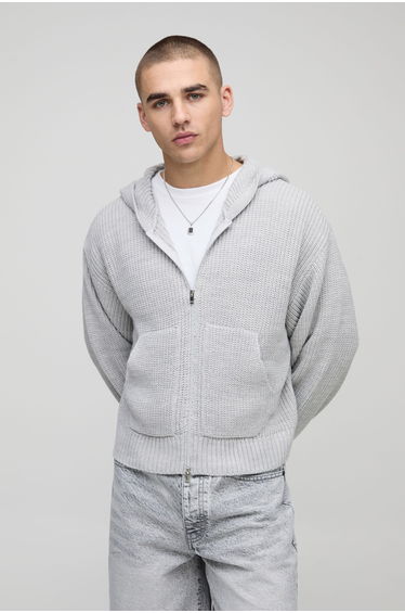 Boxy Fit Ribbed Zip Thru Knitted Hoodie