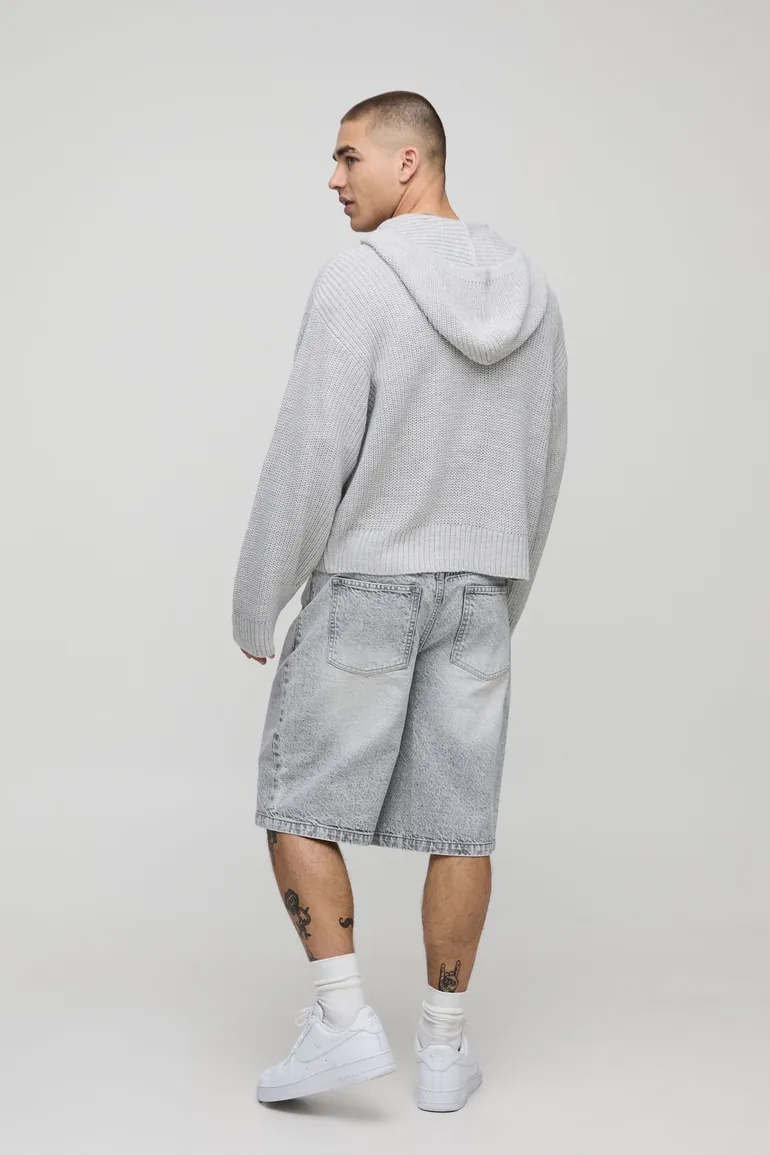 Boxy Fit Ribbed Zip Thru Knitted Hoodie - 1