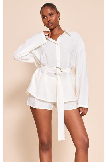 Cream Textured Belt Cinched Waist Shirt