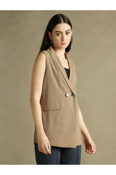 Solid Button Sleeveless Longline Blazer