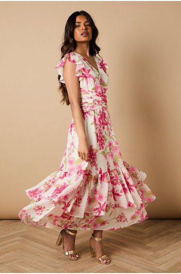 Petite Printed Twist front Detail Tiered Midi Dress