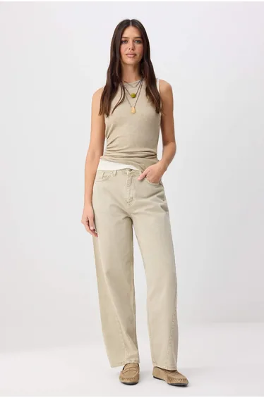 Beige Stitching Detailed High Waist Baggy 100% Cotton Jeans