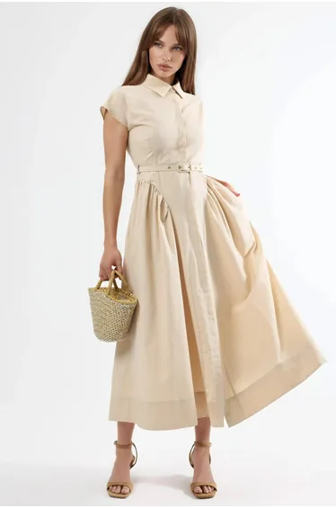 فستان قميص بيج ميداكسي على شكل حرف A
