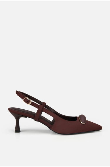 Women's Brown Buckle Detail Pointed Toe Open Back Thin Short Heeled Shoes