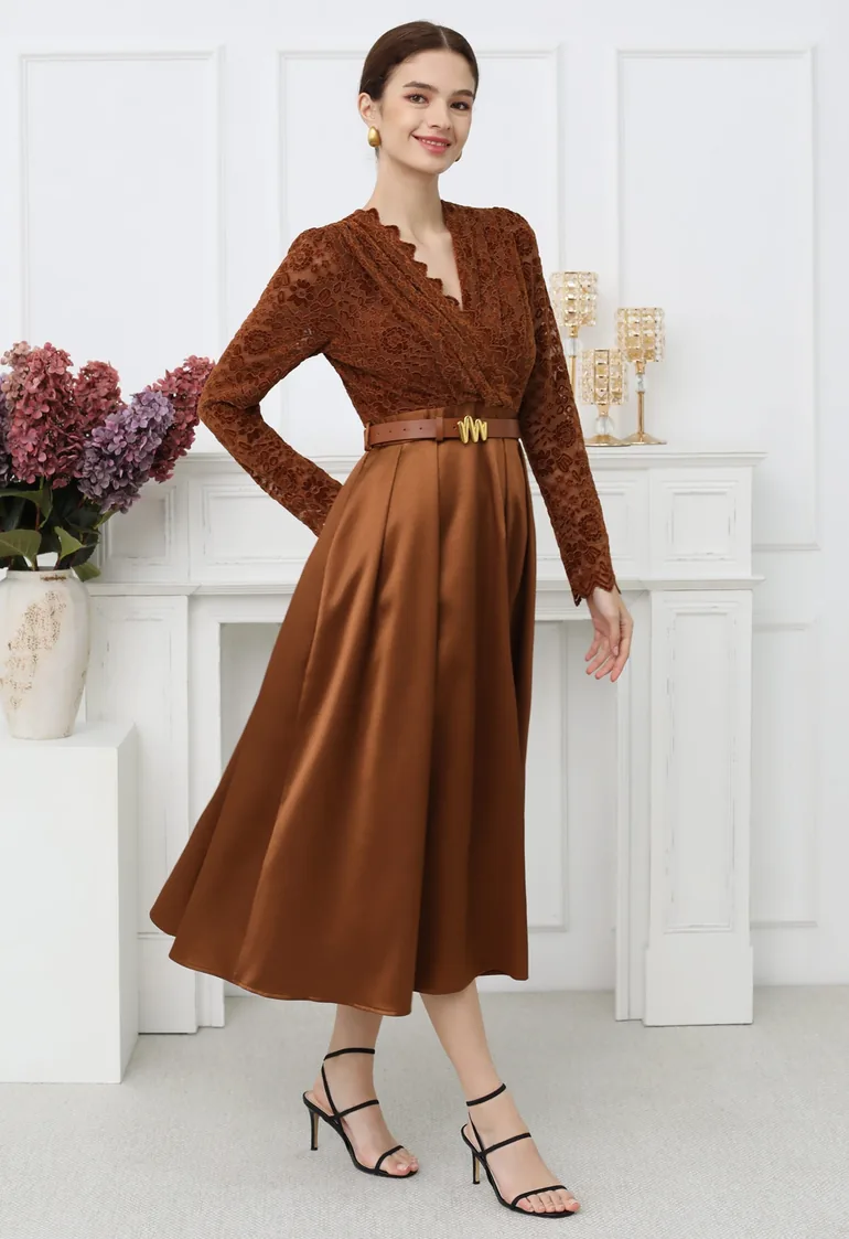 Velvet Floral Lace Spliced Belted Sheen Midi Dress in Caramel Chicwish Brown : Evening Dresses : VogaCloset Qatar Velvet Floral Lace Spliced Belted Sheen Midi Dress in Caramel Chicwish Brown : Evening Dresses : VogaCloset Qatar