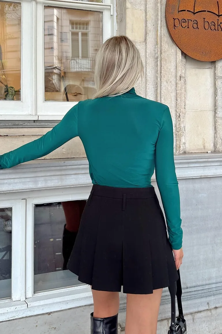 Women's Mint Green Half Turtleneck Shoulder and Waist Draped Blouse Crop - 4