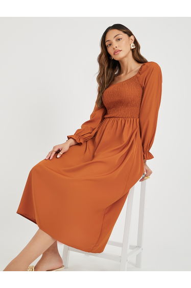 Women Rust Solid Square Neck Smocked A-Line Midi Dress