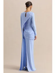 Orintha | Powder Blue High-Neck Maxi Dress With Cape And Gold-Detail - 2