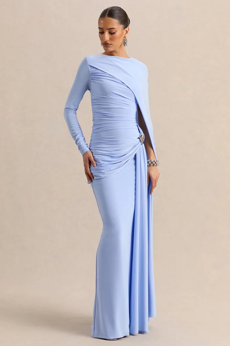 Orintha | Powder Blue High-Neck Maxi Dress With Cape And Gold-Detail