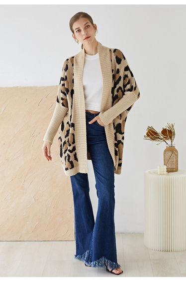 Fuzzy Leopard Batwing Sleeves Open Front Cardigan in Camel product thumbnail 3