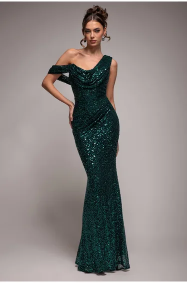 Goddiva Sequin Cowl One Shoulder Maxi- Emerald