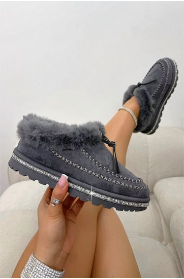 Lemonade Crystal Faux Fur Lined Tazgirl Outdoor Slippers Grey