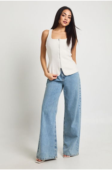 Wool Look Zip Front Longline Top - ivory