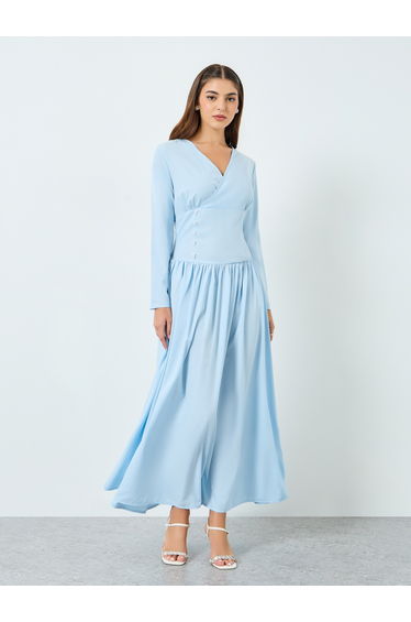 Women Blue V-Neck A-Line Maxi Dress