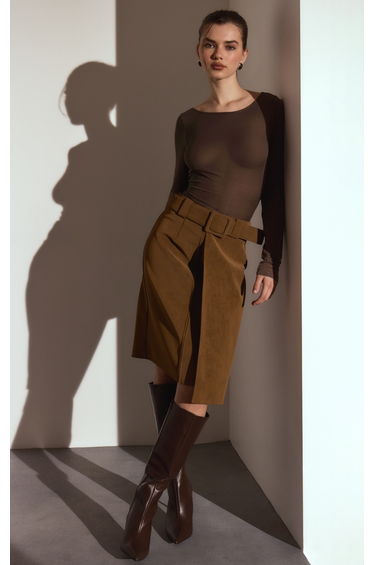 Light Brown Soft Faux Leather Belted Midi Skirt
