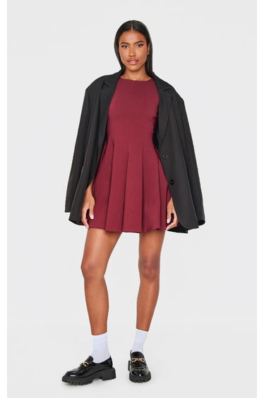Wine Stretch Woven Racer Pleated Shift Dress