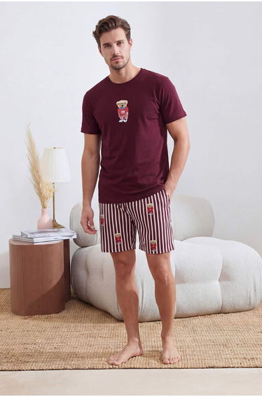 Bordo Regular Fit Teddy Bear Printed Knitted Shorts Pajama Set