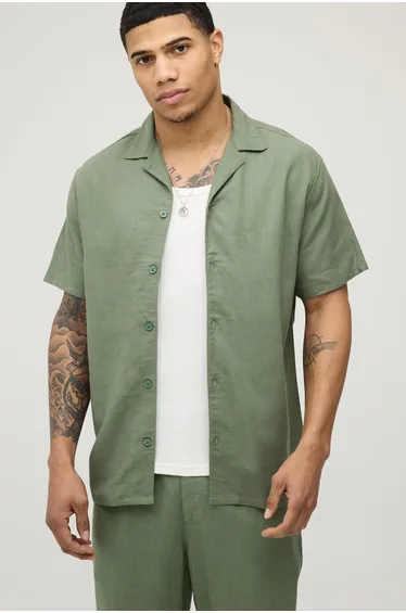 Regular Fit Short Sleeve Linen Blend Shirt - olive
