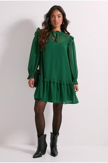 Petite Tiered Hem Tie Neck Shift Dress