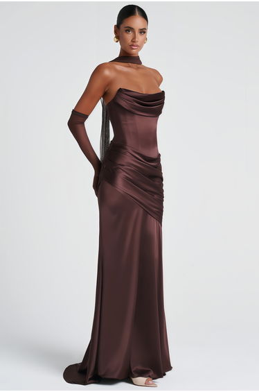 Marilou Brown Ruched Satin Maxi Dress