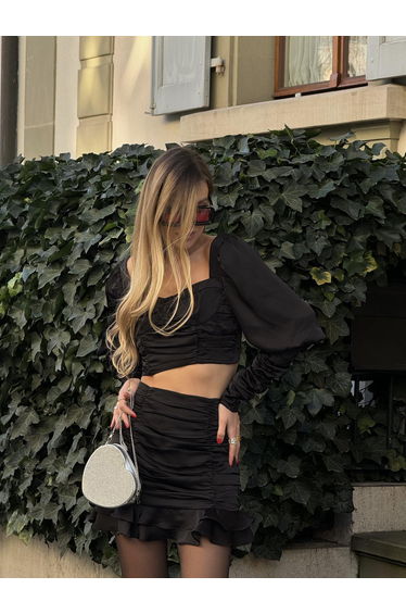 Black-Pink Kaitlyn Co-ord Ruched Crop-Top