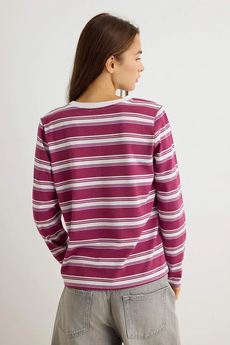 Plum Striped Regular Crew Neck Long Regular Combed Cotton Single Jersey Knitted T-Shirt - 3
