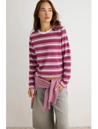 Plum Striped Regular Crew Neck Long Regular Combed Cotton Single Jersey Knitted T-Shirt