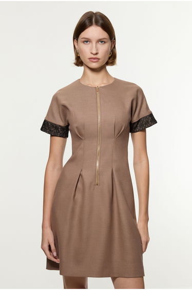 Petite Tailored Twill Lace Mix Zip Front Mini Dress