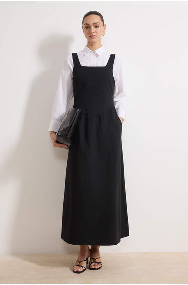 Black Gabardine Gilet Woven Dress