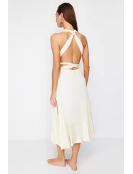 Ecru Belted Maxi Knitted Tied Beach Dress - 4
