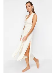 Ecru Belted Maxi Knitted Tied Beach Dress - 6