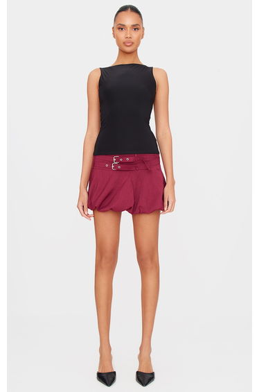 Burgundy Double Belt Detail Puffball Mini Skirt