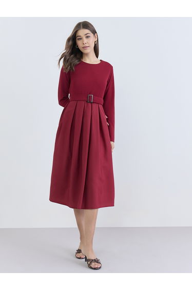 Women Maroon Belted A-Line Midi Dress