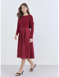 Women Maroon Belted A-Line Midi Dress - 1