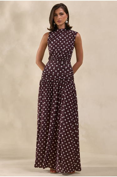Kelis | Brown Polka-Dot High-Neck Maxi Dress With Draped Detailing