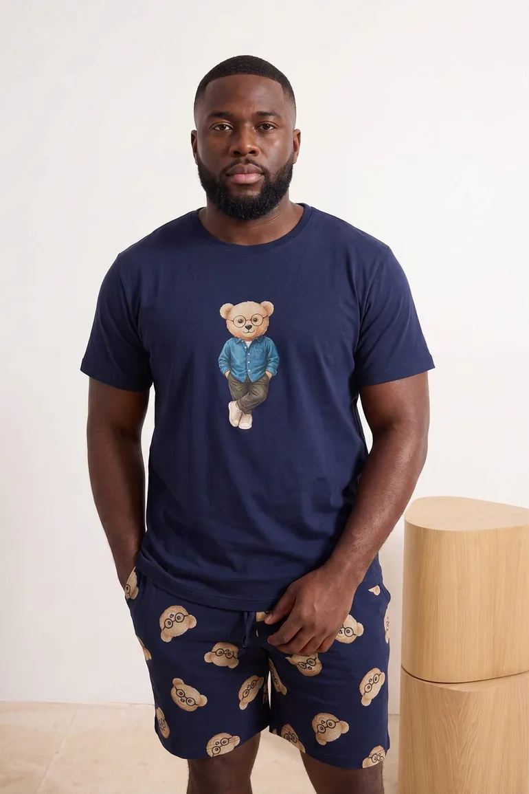 Navy Blue Regular Teddy Bear Printed T-Shirt - Shorts Knitted Pajama Set - 4