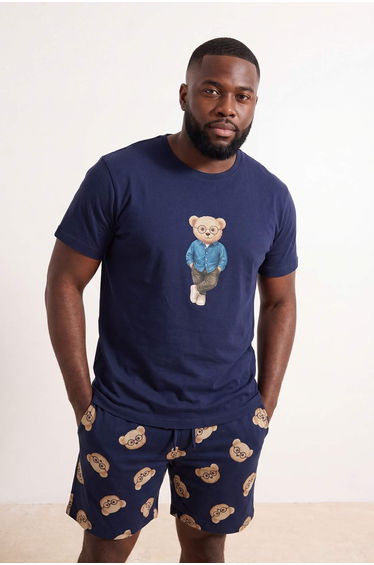 Navy Blue Regular Teddy Bear Printed T-Shirt - Shorts Knitted Pajama Set