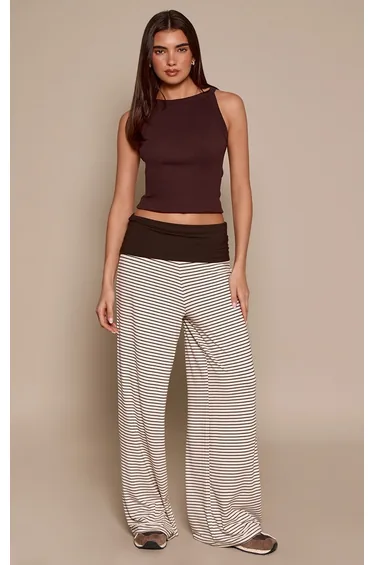 Chocolate Striped Contrast Waistband Soft Jersey Wide Leg Trousers