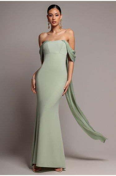 Off Shoulder Velvet Satin Wings Cape Maxi Dress - Sage Green by Goddiva