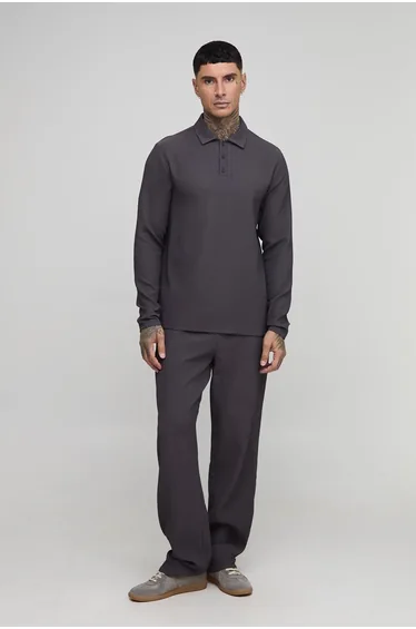 Tall Pleated Regular Long Sleeve Polo & Relaxed Trouser Set - charcoal