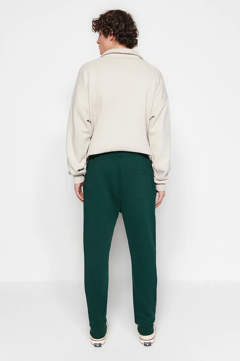 Men's Green Regular/Regular Fit Geometric-Texture Embroidered Drawstring Elastic Leg Sweatpants. - 5