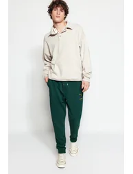 Men's Green Regular/Regular Fit Geometric-Texture Embroidered Drawstring Elastic Leg Sweatpants. - 1