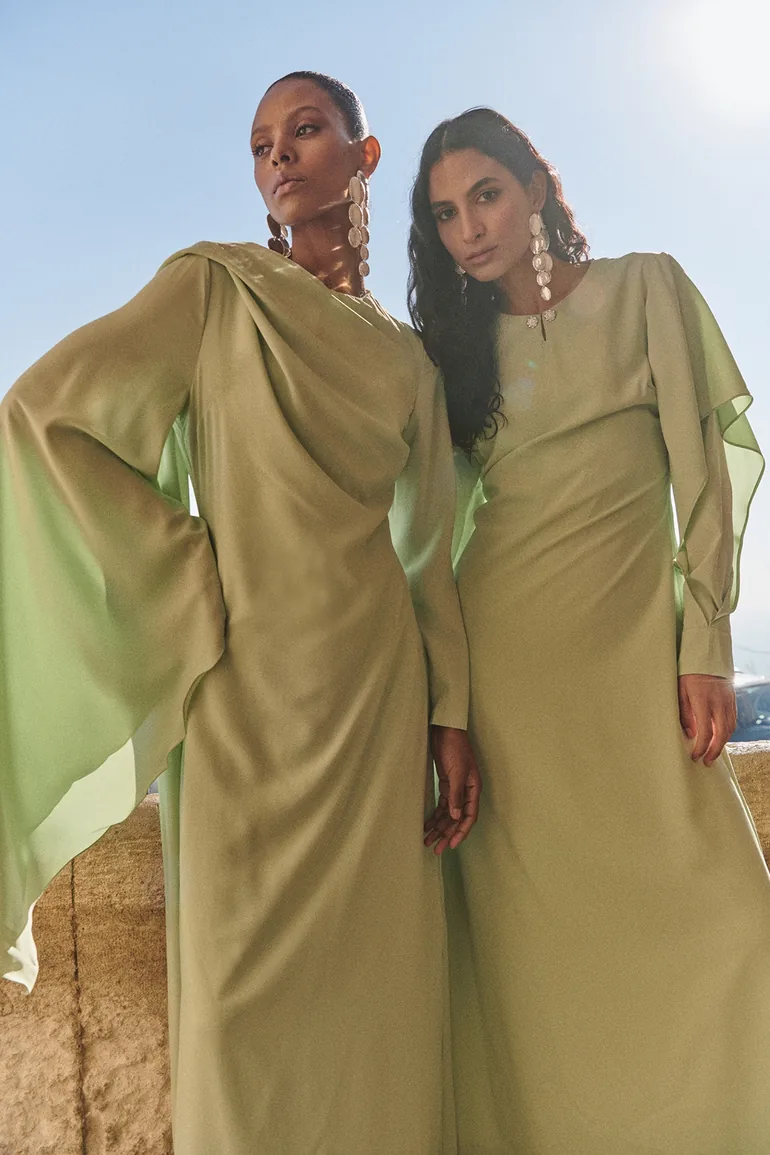 Shop Light Green Shawl Detailed Evening Dress Online in Bahrain Shop Light Green Shawl Detailed Evening Dress Online in Bahrain