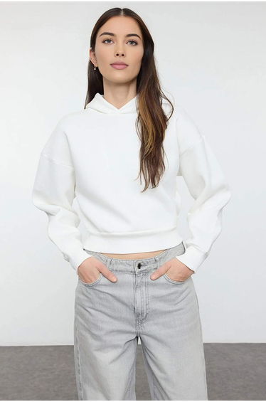 Thick Ecru, Fleece Inside, Hoodie. Relaxed-Cut Crop Basic Knitted Sweatshirt