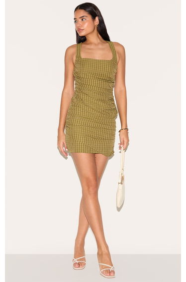 Tall Moss Green Check Ruched Mini Skirt