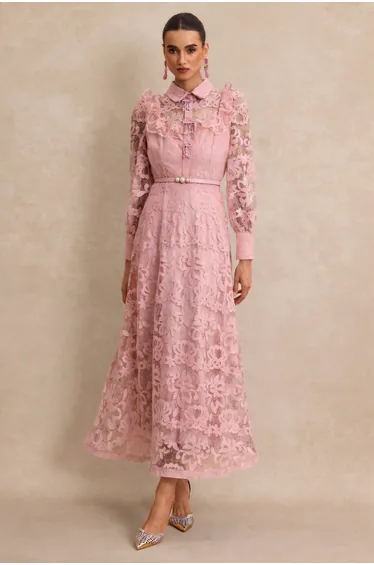 Lace Pearl Ruffle Midi Dress With Belt